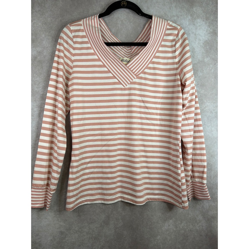 Listicle Top Women Large Pink White Striped Long Sleeve V-Neck Casual Preppy